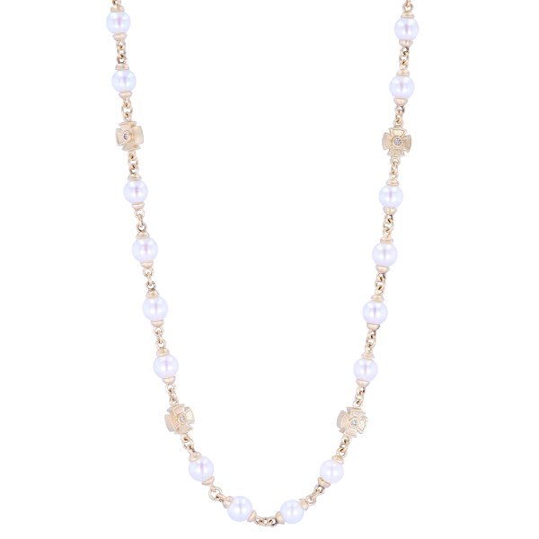 Closeup photo of 32 inches White 5.5-6.6mm Akoya Pearl Necklace with Pointy Maltese Station and Plain Gold Clasp