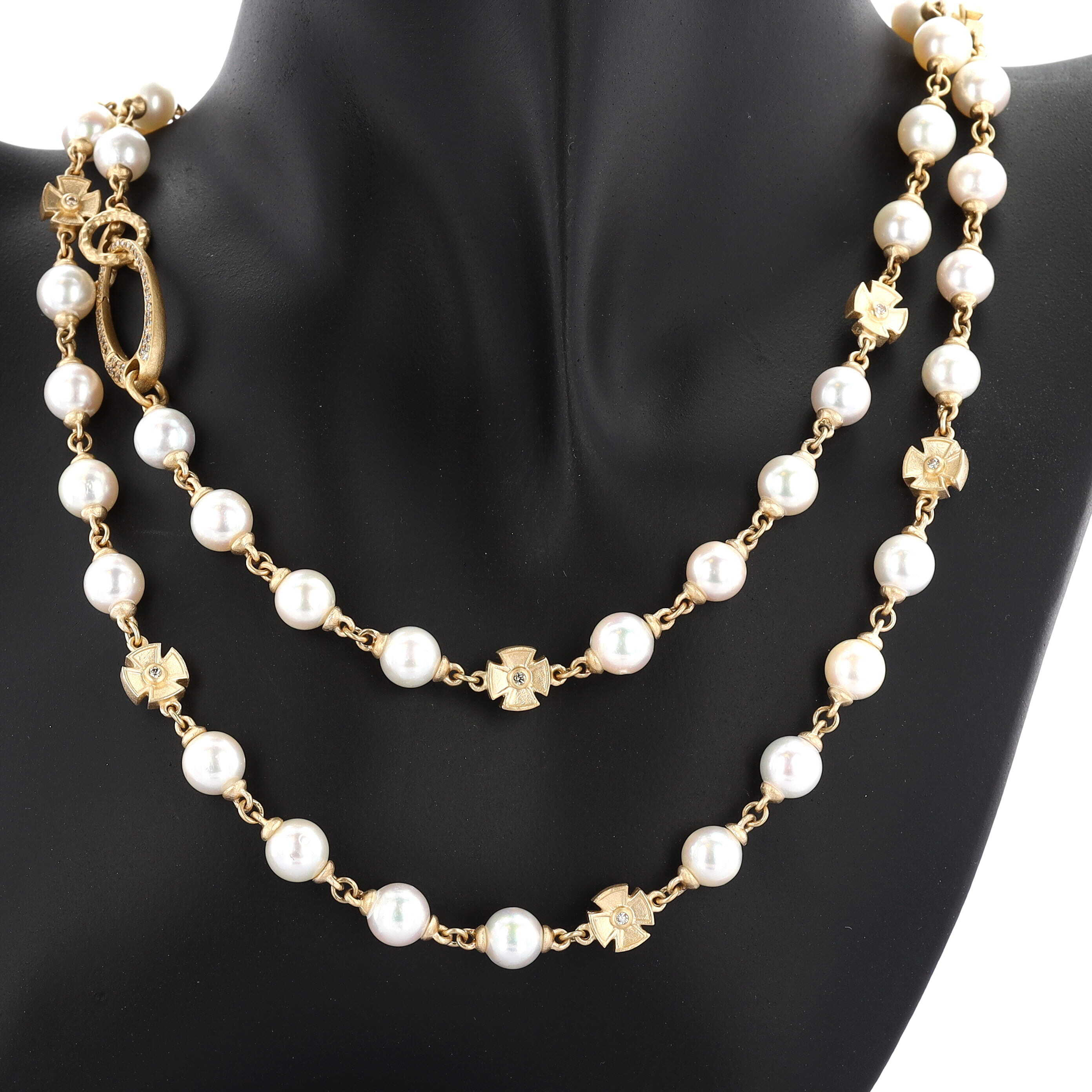 32" 14K Yellow Gold Akoya Pearl Necklace with Diamond Clasp