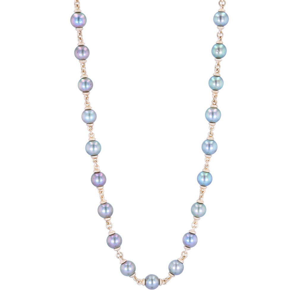 6.5-7mm Blue Akoya Pearl Necklace with Gold Links 32"