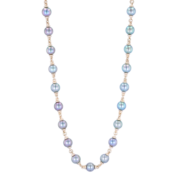 Closeup photo of 6.5-7mm Blue Akoya Pearl Necklace with Gold Links 32"