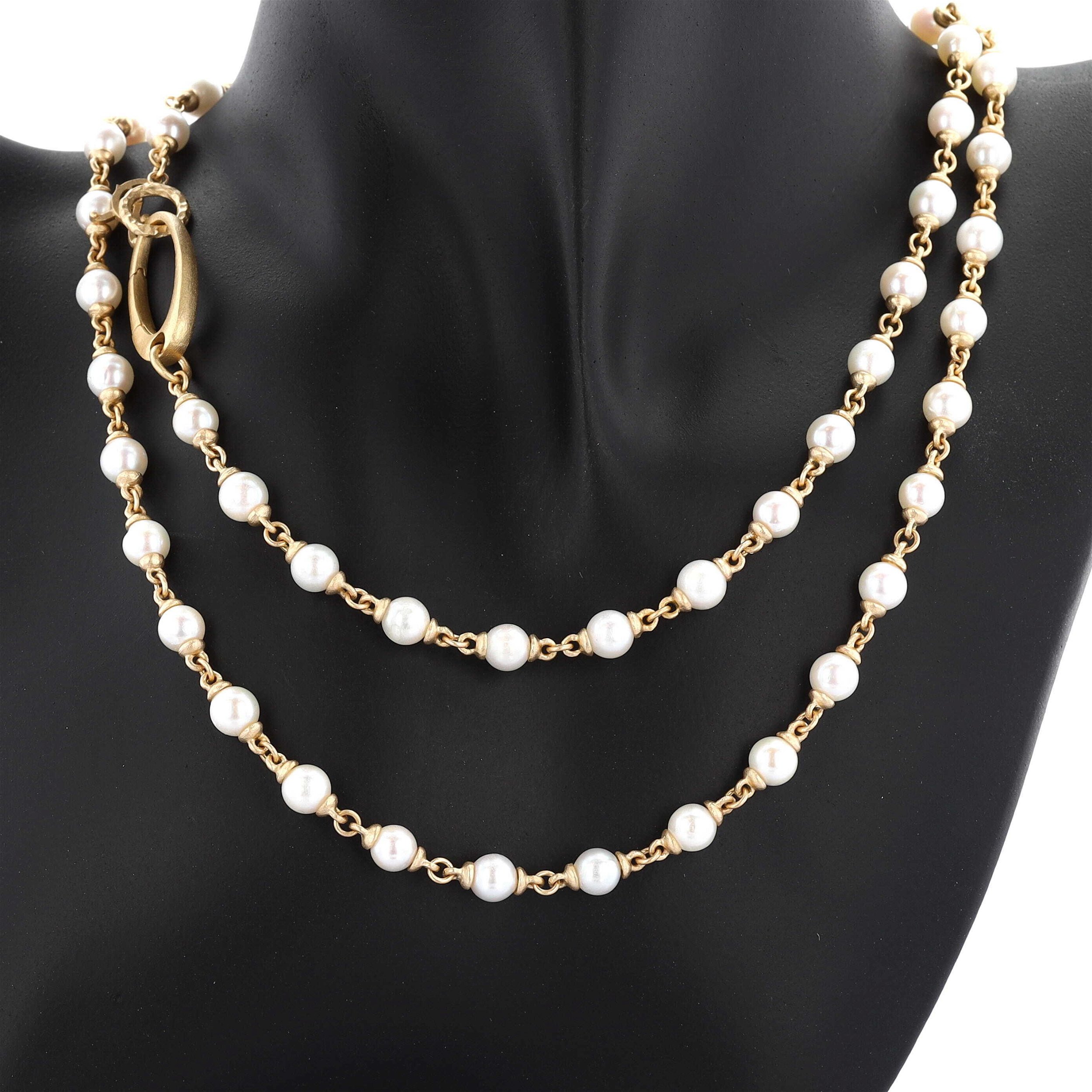 32" 14K Yellow Gold Akoya Pearl Necklace with Gold Clasp