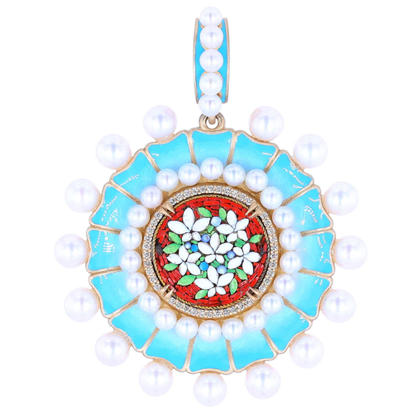 Closeup photo of Antique Forget Me Not Flower Micro Mosaic w/ Pearl & Enamel Accents Pendant