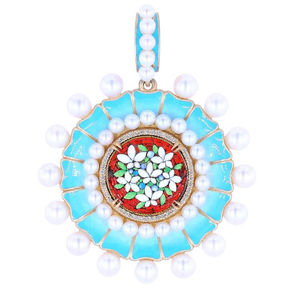 Closeup photo of Antique Forget Me Not Flower Micro Mosaic with Pearl & Enamel Accents Pendant