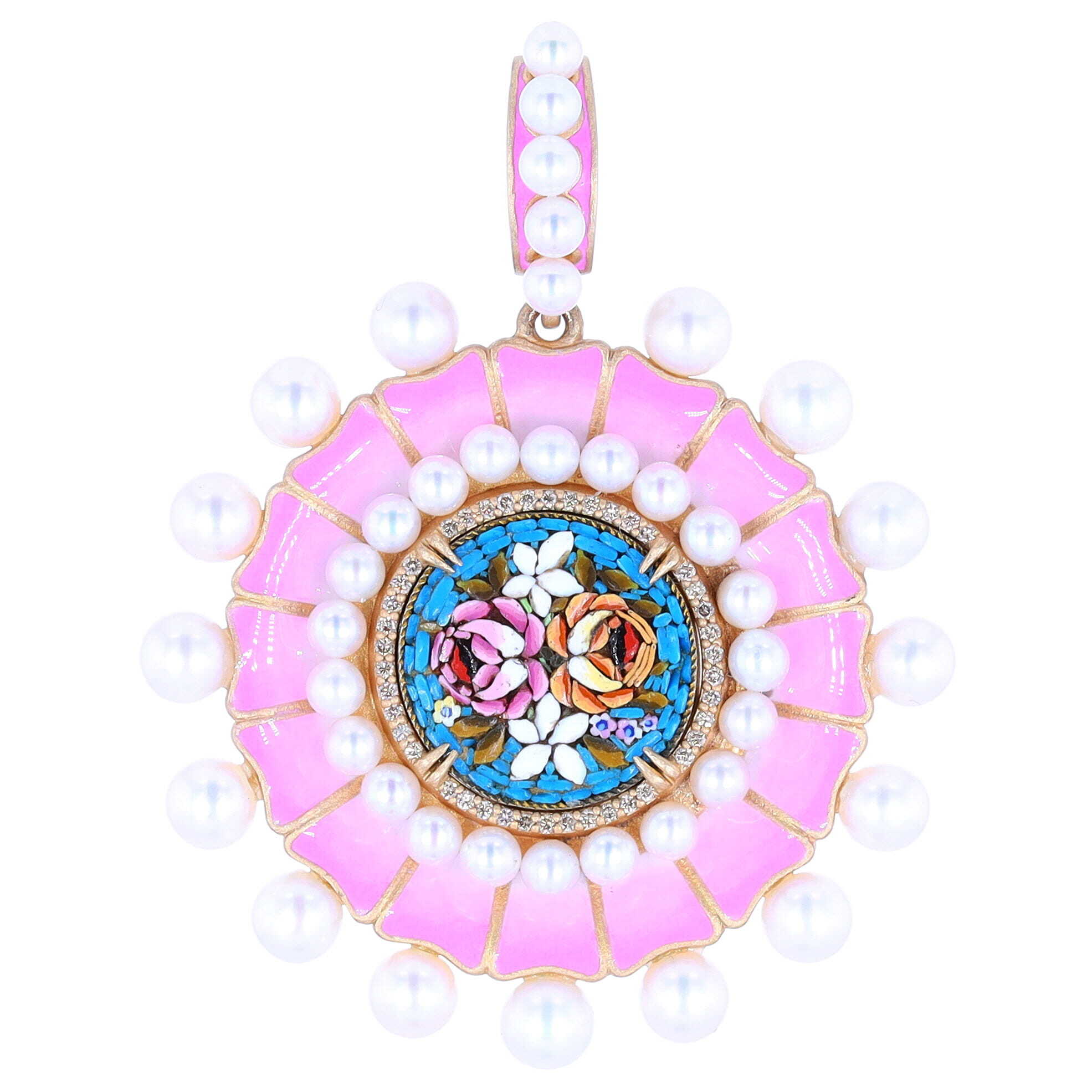 Antique Rose & Forget Me Not Flower Micro Mosaic w/ Pearl & Enamel Accents Pendant