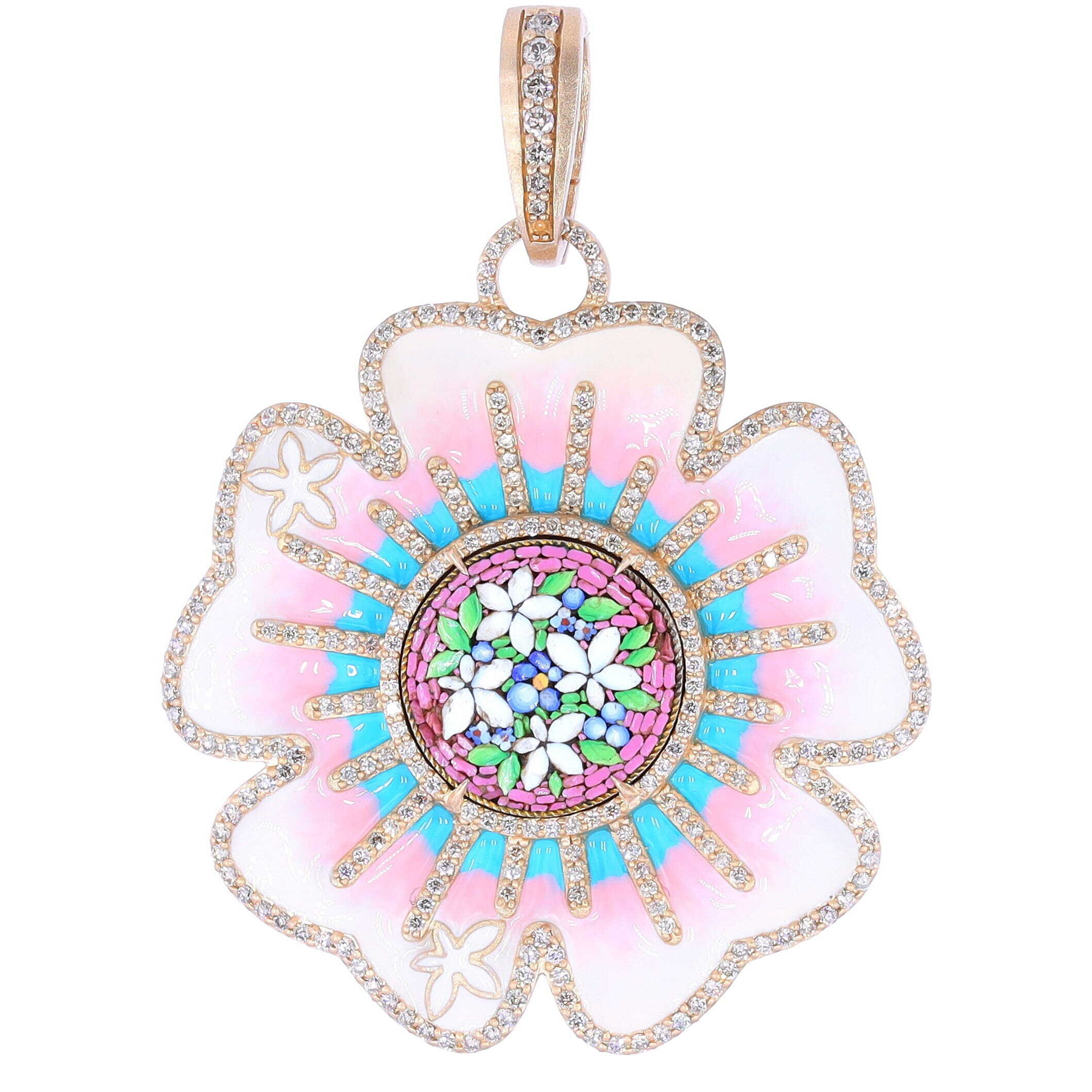 Antique Italian Micro Mosaic Forget Me Not Pendant in 14k Yellow Gold and Hand Painted Enamel Flower Bezel