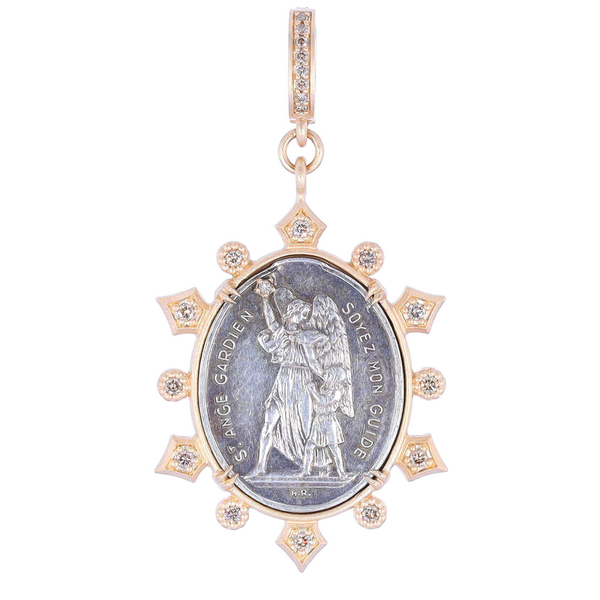 Closeup photo of Antique French Guardian Angel Medal Pendant