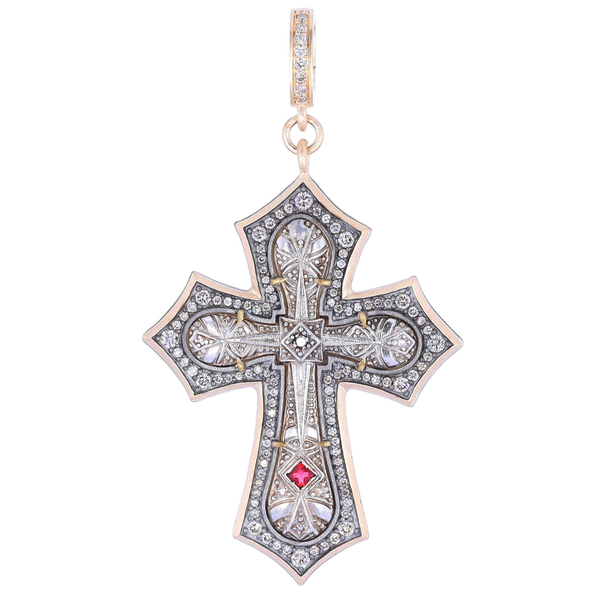 Closeup photo of Antique Art Deco Platinum, Diamond & Ruby Cross Pendant