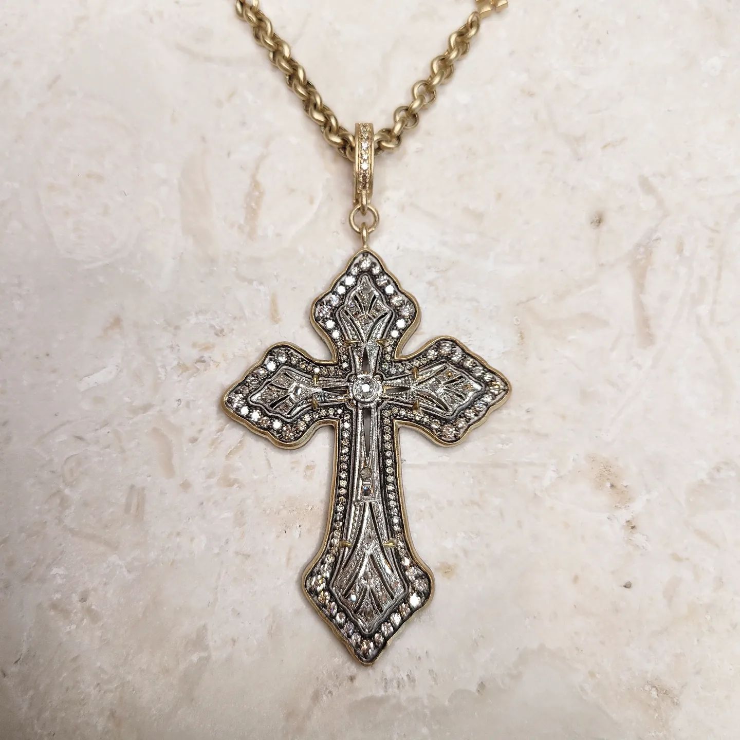 Vintage Art Deco Platinum Cross w/ Rose Cut Diamonds