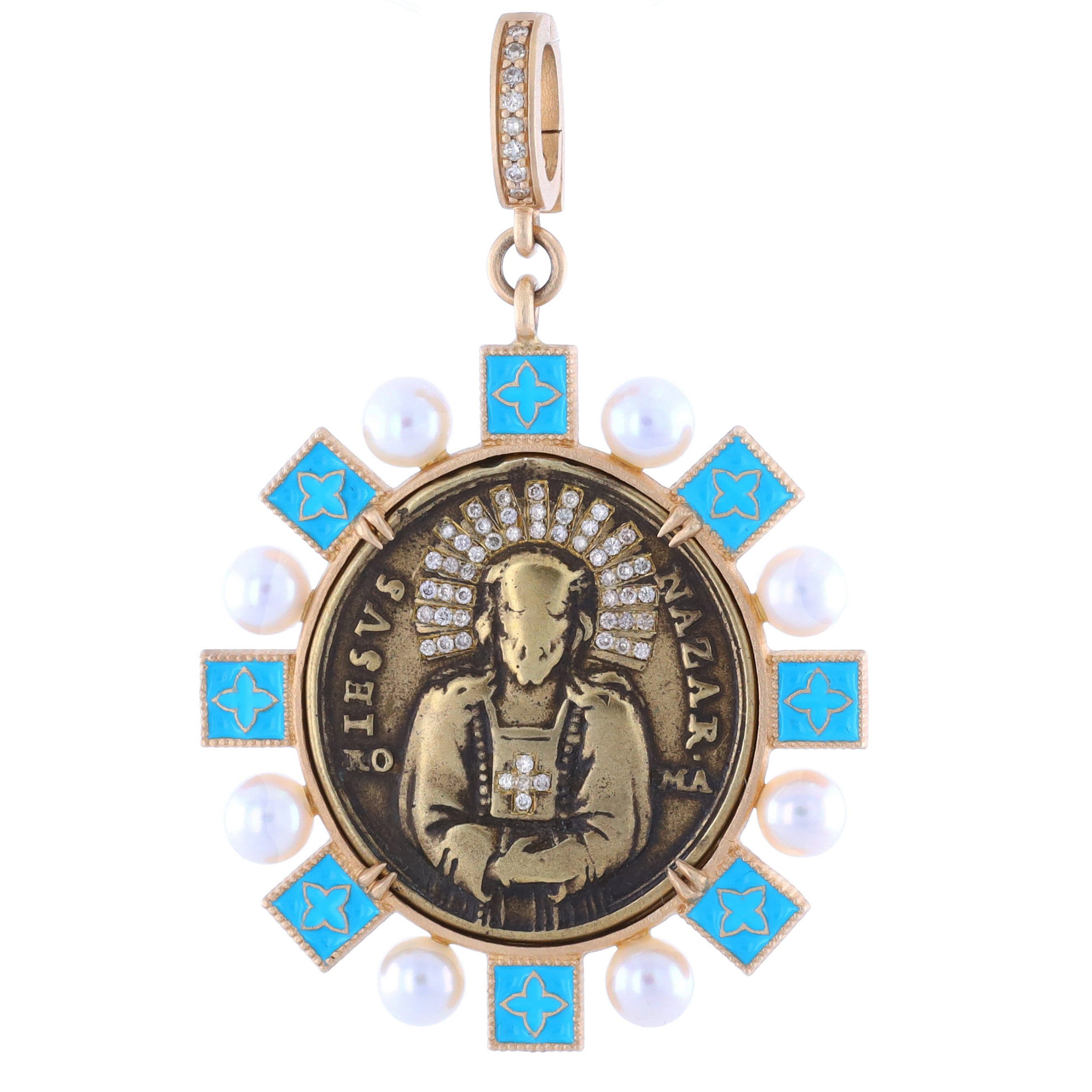 Antique Spanish Bronze Jesus Medal with Turquoise, Diamond & Pearl Bezel and Diamond Inlay