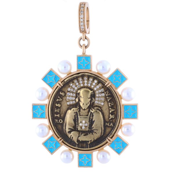 Closeup photo of Antique Spanish Bronze Jesus Medal with Turquoise, Diamond & Pearl Bezel and Diamond Inlay