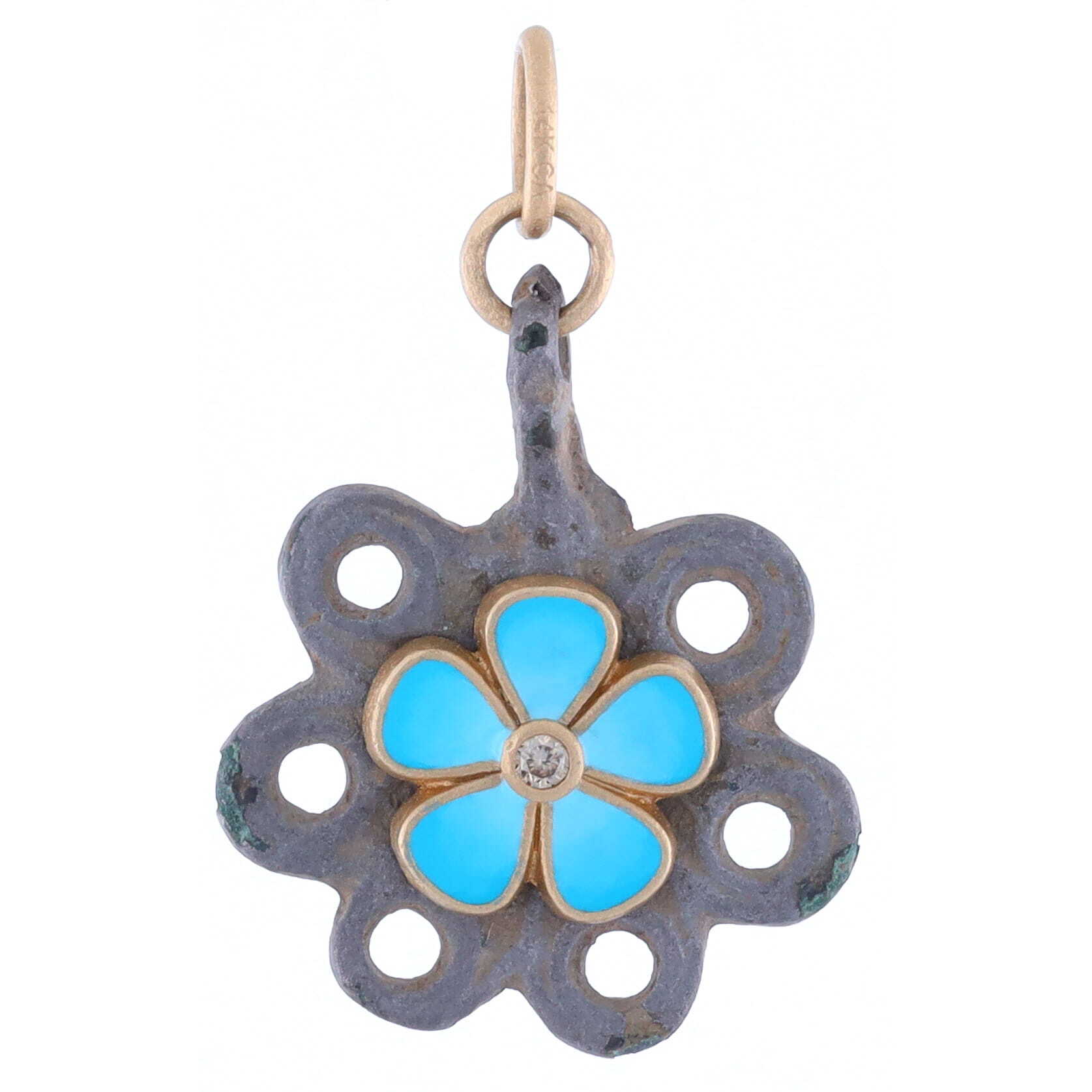 Ancient Flower Pendant w/ Turquoise Enamel Flower Overlay14k: 2.79gAncient Viking BronzeDIA: 0.06tcwEnamel Ancient Flower Pendant w/ Turquoise Enamel Flower Overlay