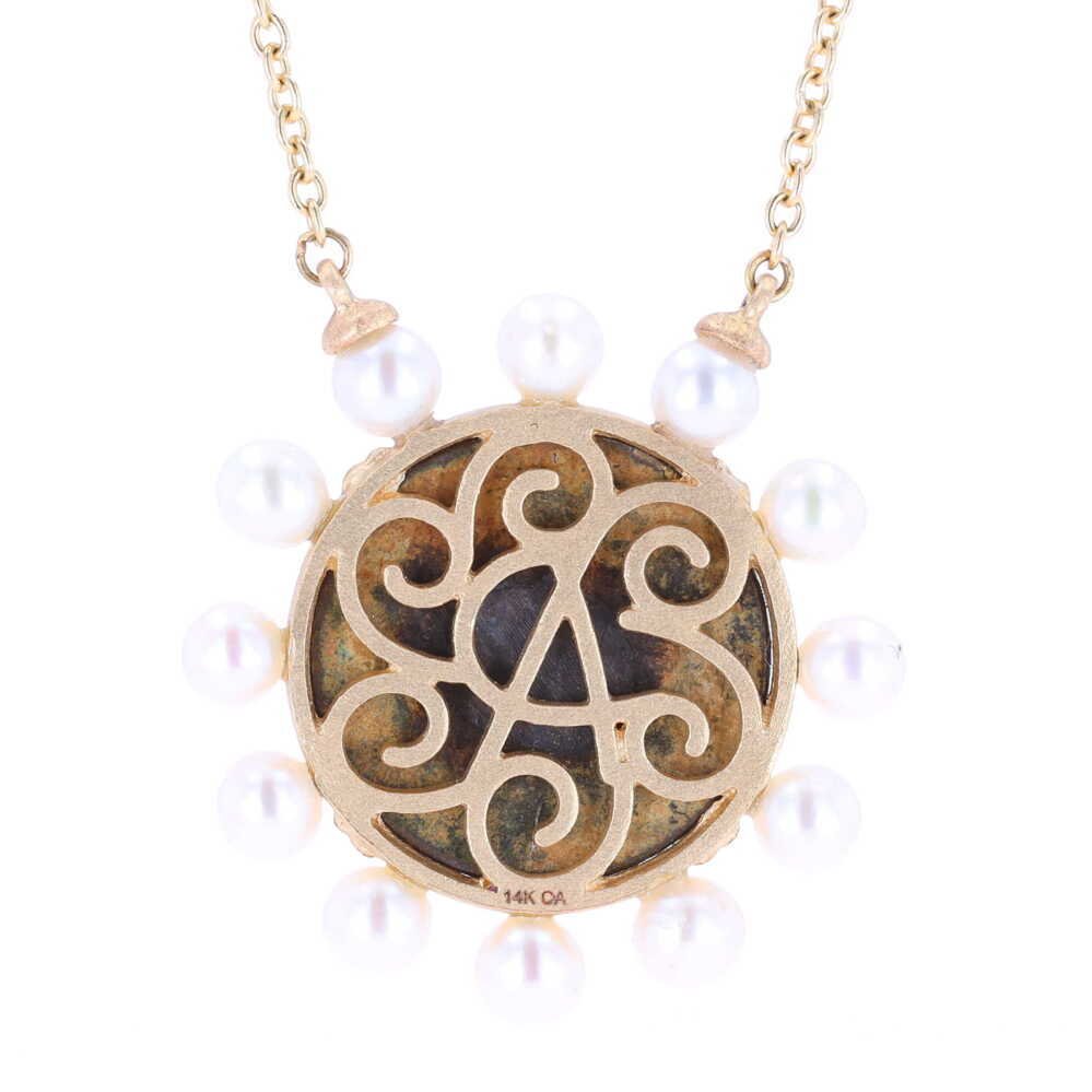 19" 14k Satin Finish Yellow Gold Antique Flower Button Pendant Necklace with White Akoya Pearls