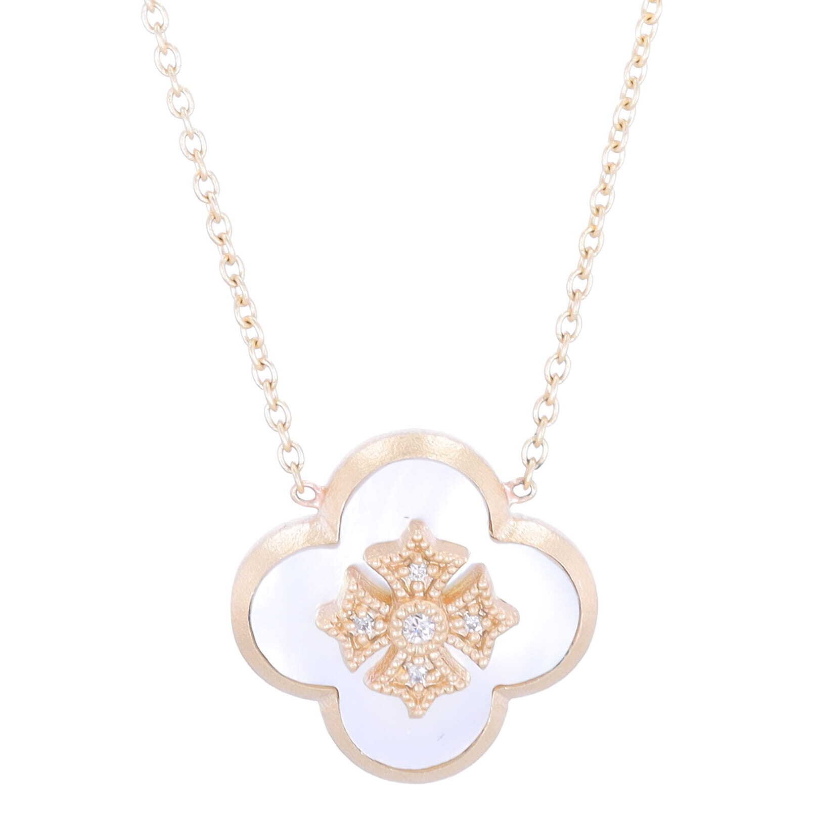 18" 14k Satin Finish Yellow Gold Pendant Necklace with Mother Of Pearl Clover and Diamond Maltese Cross