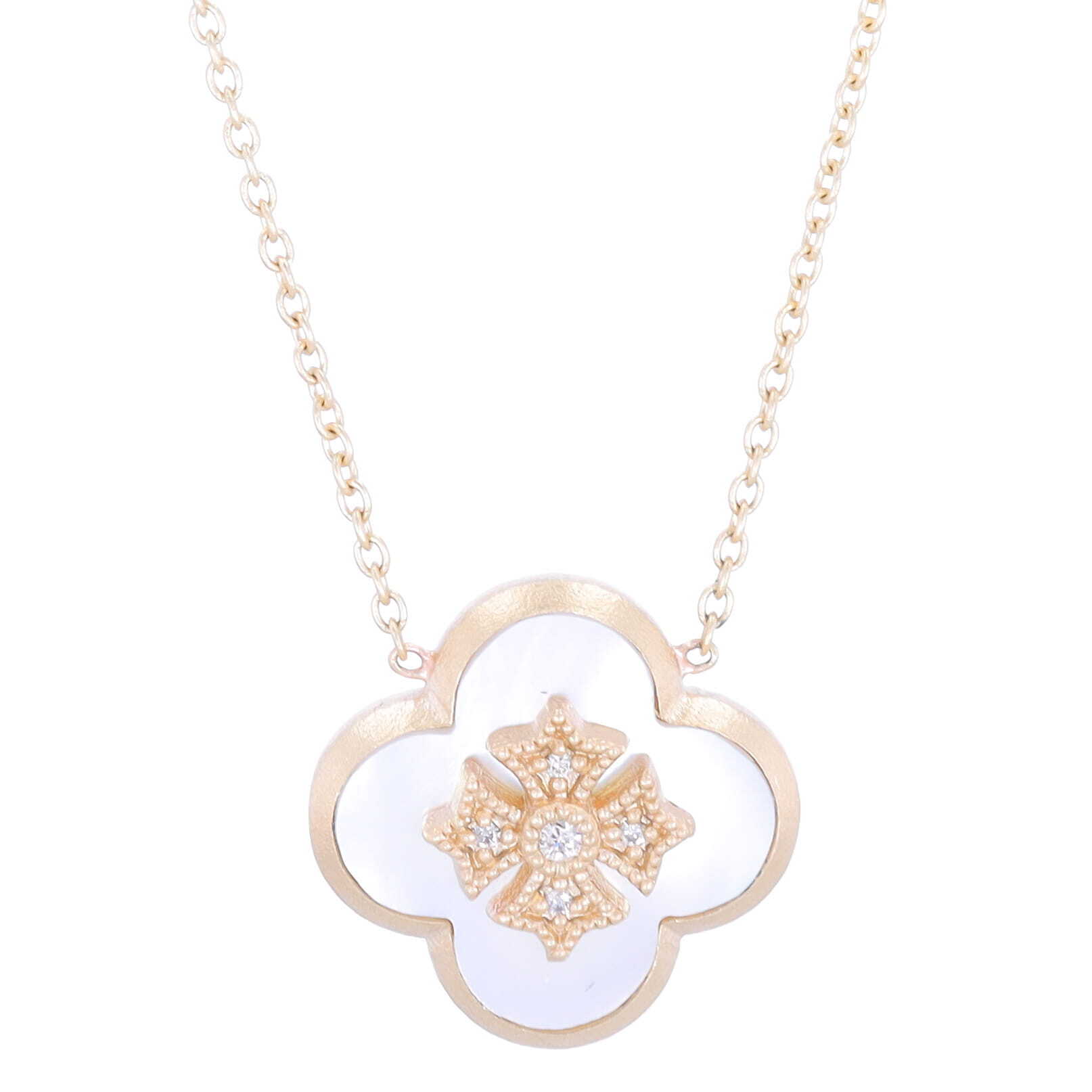 18" 14k Satin Finish Yellow Gold Pendant Necklace with Mother Of Pearl Clover and Diamond Maltese Cross