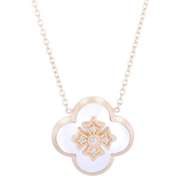 Closeup photo of 18" 14k Satin Finish Yellow Gold Pendant Necklace with Mother Of Pearl Clover and Diamond Maltese Cross