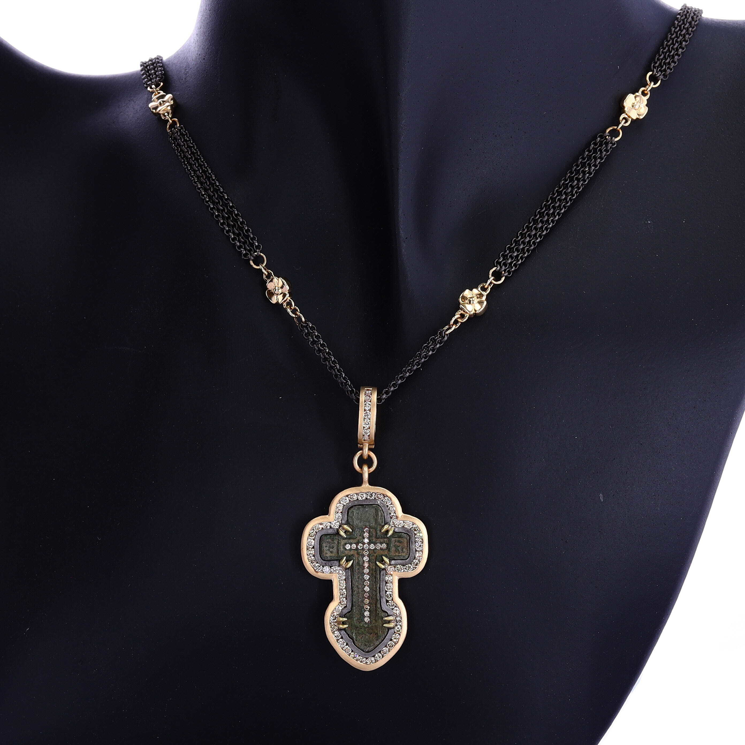 14K Gold and Black Rhodium Sterling Bezel with Diamonds Ancient Old Believers Cross Pendant