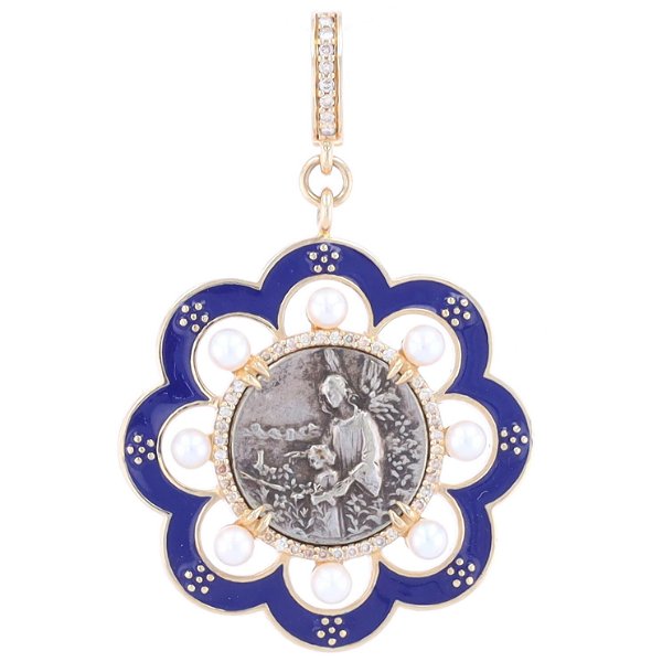 Closeup photo of Antique French Guardian Angel Medal Pendant with Enamel & Pearl
