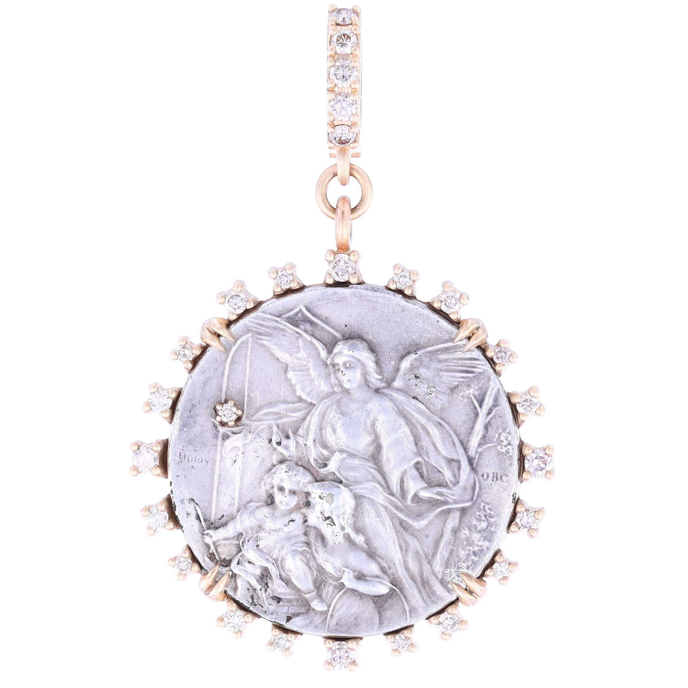 Antique French Sterling Silver Guardian Angel Medal Pendant with 14k Gold and Diamonds