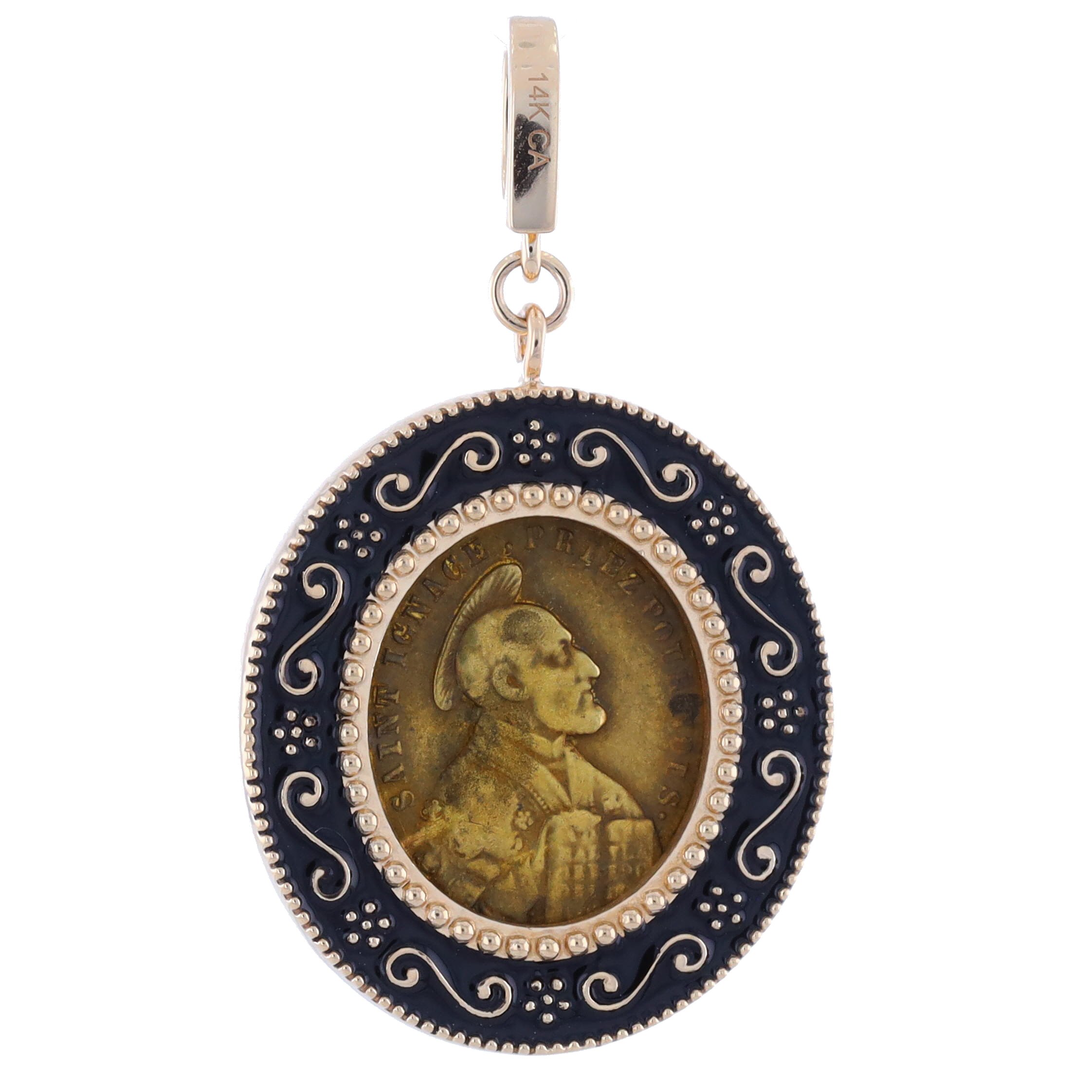 Antique French Guardian Angel Medal Pendant with Black Enamel