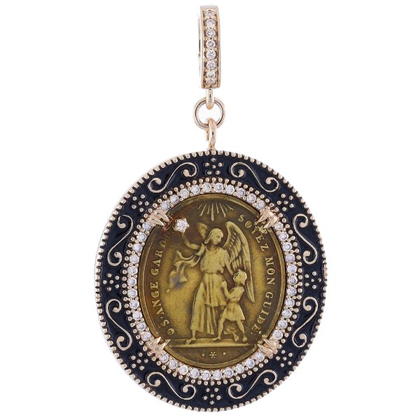 Closeup photo of Antique French Guardian Angel Medal Pendant with Black Enamel