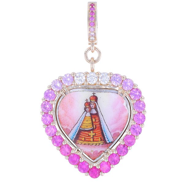 Closeup photo of Antique Our Lady Of Prague Enamel Medal Pendant with Ombre Pink Sapphires & Diamonds