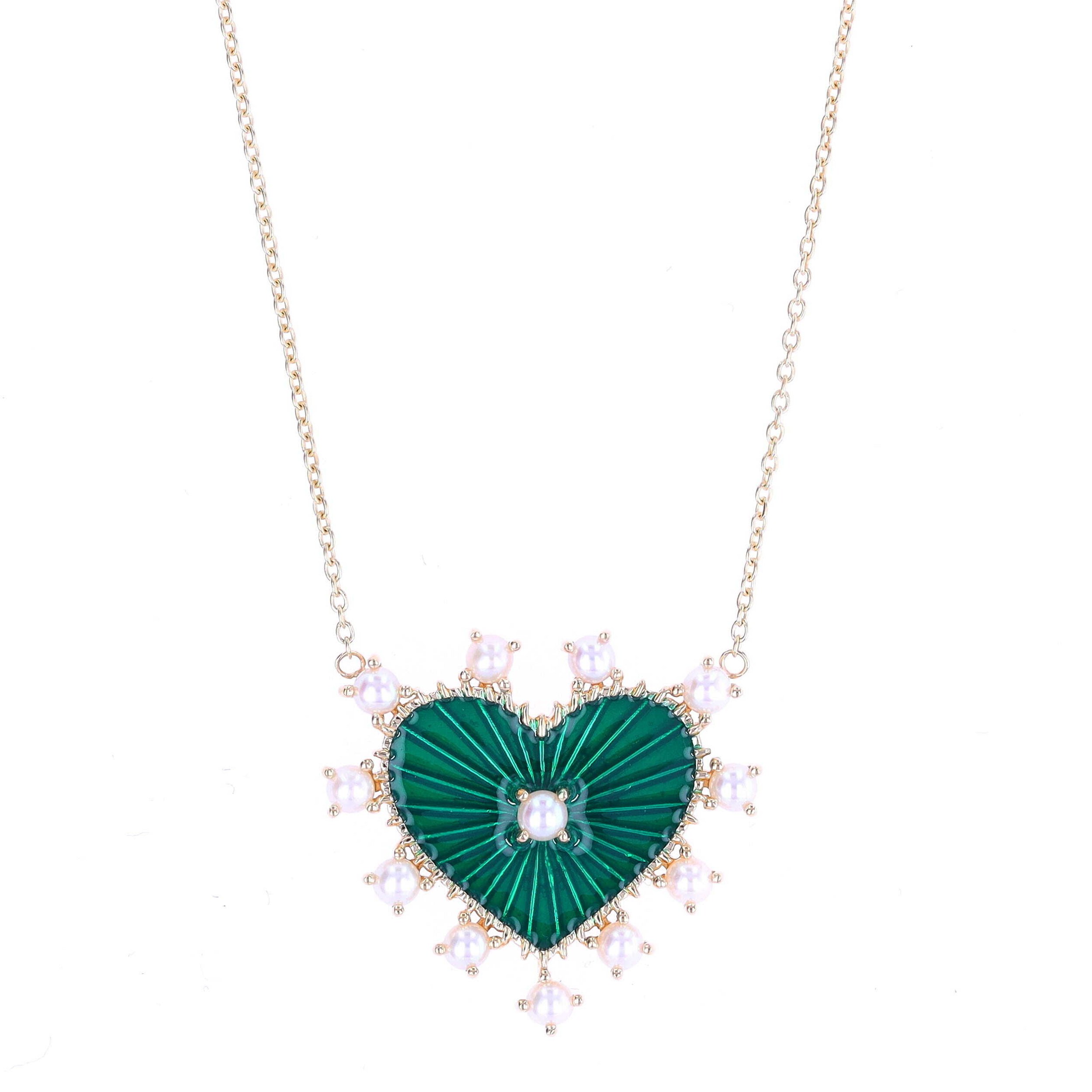18" 14k Yellow Gold Dark Green Enamel Heart Pendant Necklace with Pearl Bezel