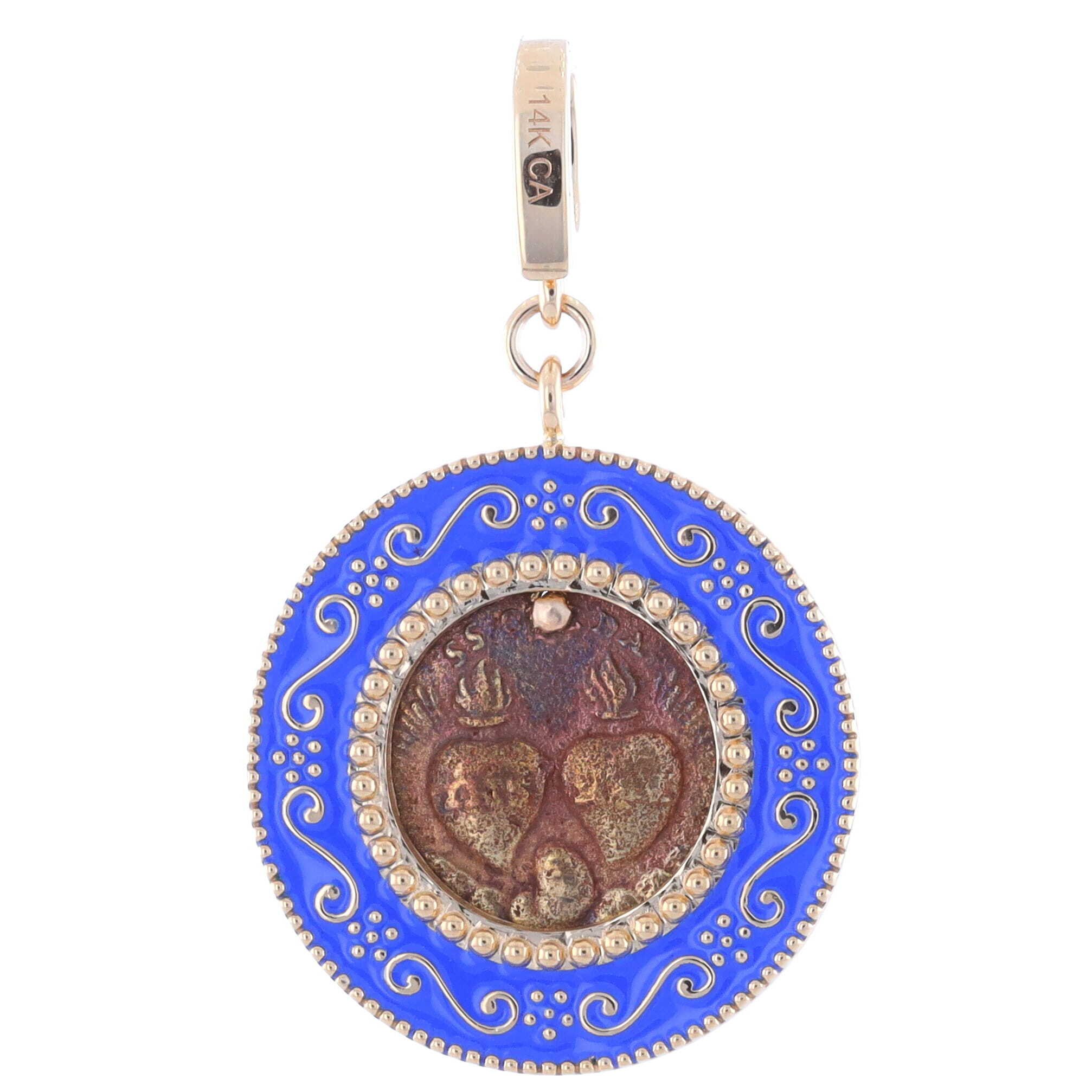 Antique Nativity Scene Medal Pendant with Blue Enamel Bezel