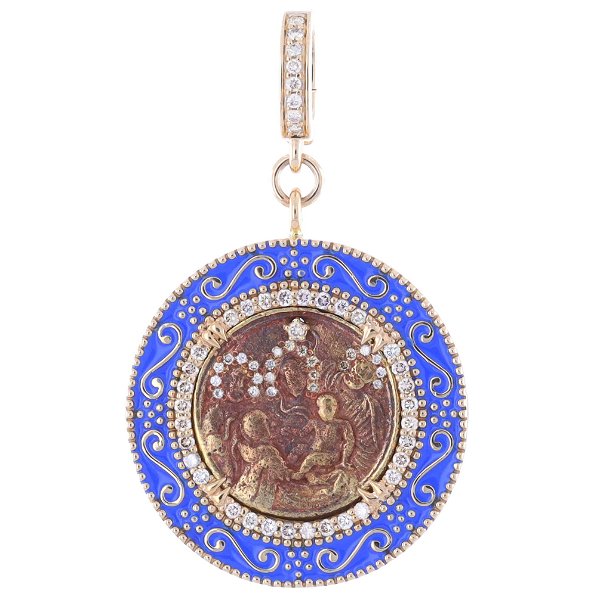 Closeup photo of Antique Nativity Scene Medal Pendant with Blue Enamel Bezel