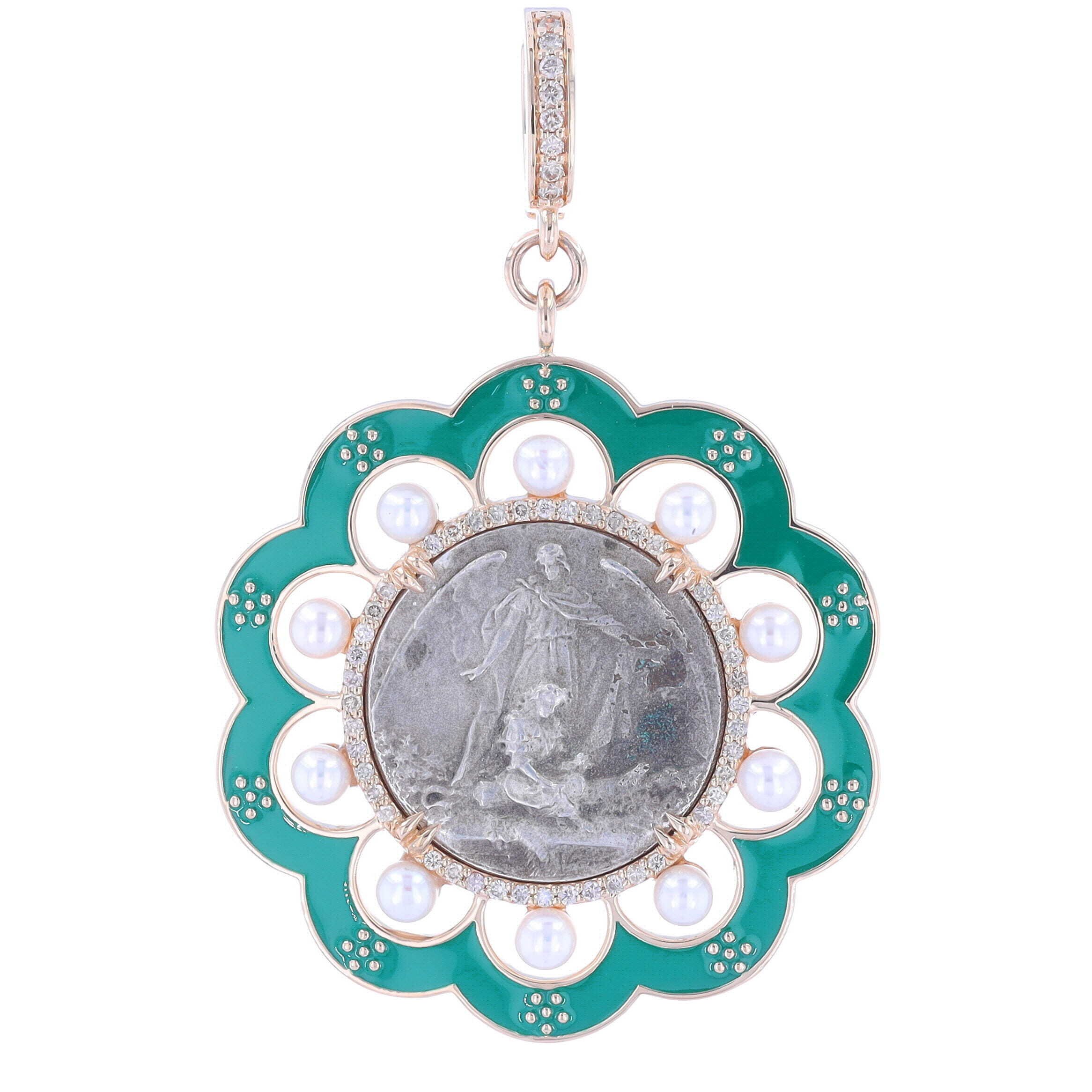 Antique French Sterling Guardian Angel Medal with 14k Yellow Gold Diamond, Green Enamel & Pearl Bezel