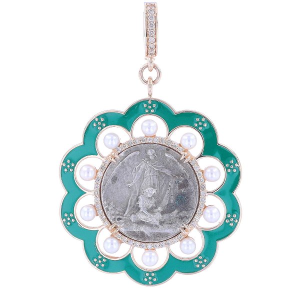 Closeup photo of Antique French Sterling Guardian Angel Medal with 14k Yellow Gold Diamond, Green Enamel & Pearl Bezel