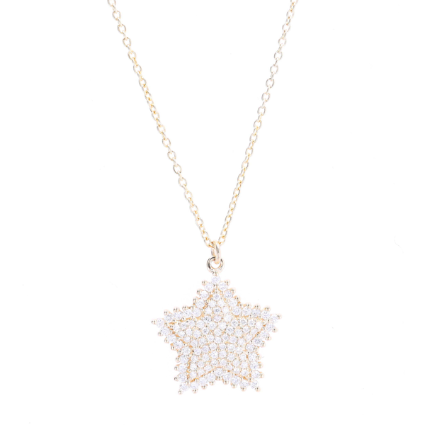 Closeup photo of 17" 14k Yellow Gold Delicate Pave Star Pendant Necklace