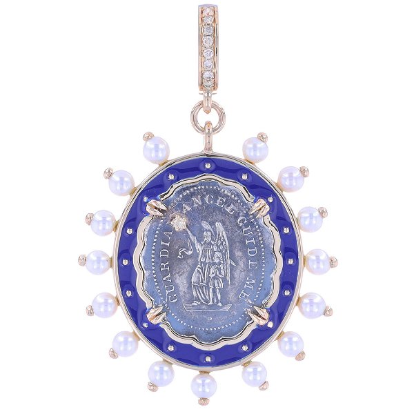 Closeup photo of Antique Silver French Guardian Angel Medal Pendant Set with a 14k with Blue Enamel and Pearls