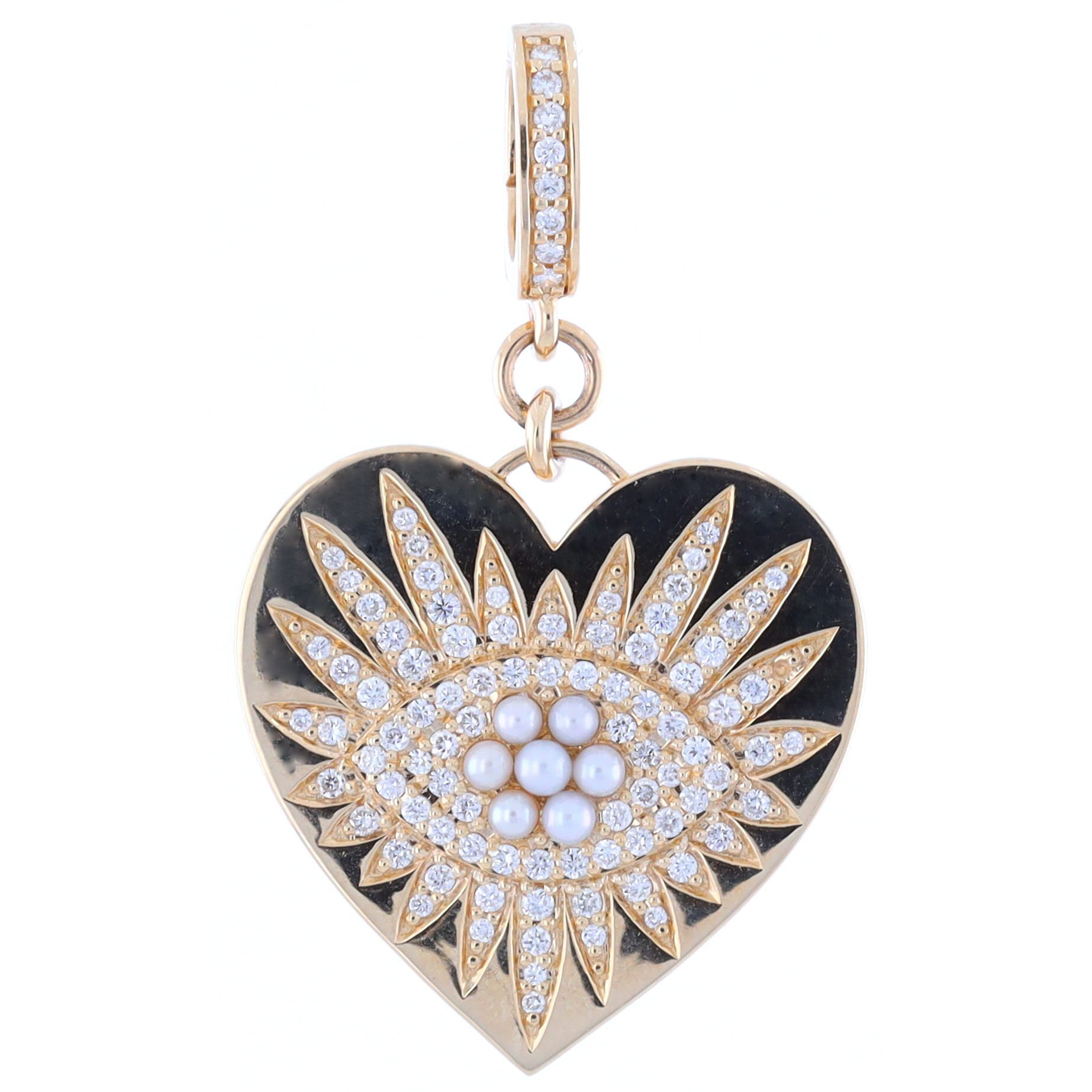 14k High Polish Yellow Gold Heart Charm Pendant with Pearl and Diamond Evil Eye