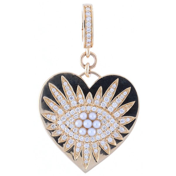 Closeup photo of 14k High Polish Yellow Gold Heart Charm Pendant with Pearl and Diamond Evil Eye