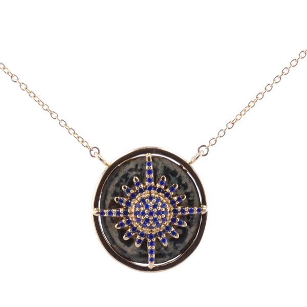 Closeup photo of 19" 14k Hight Polish Yellow Gold Antique Saint Benedict Medal Pendant Necklace with Blue Sapphire Star and Diamond Inlay Cross