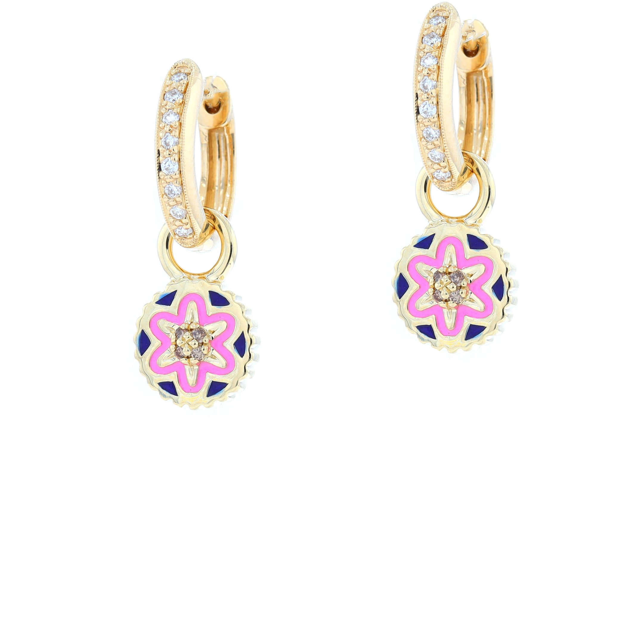 Flower Pink & Blue Enamel with Diamond Earring Charms
