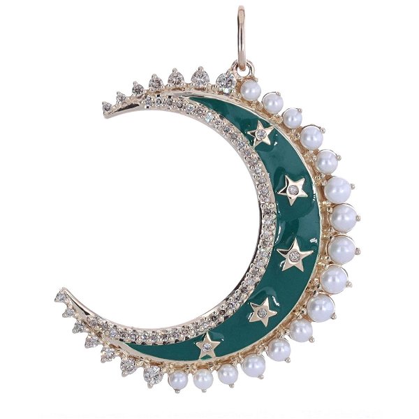 Closeup photo of 14K Yellow Gold and Forest Green Enamel, Pearl & Diamond Crescent Pendant Charm