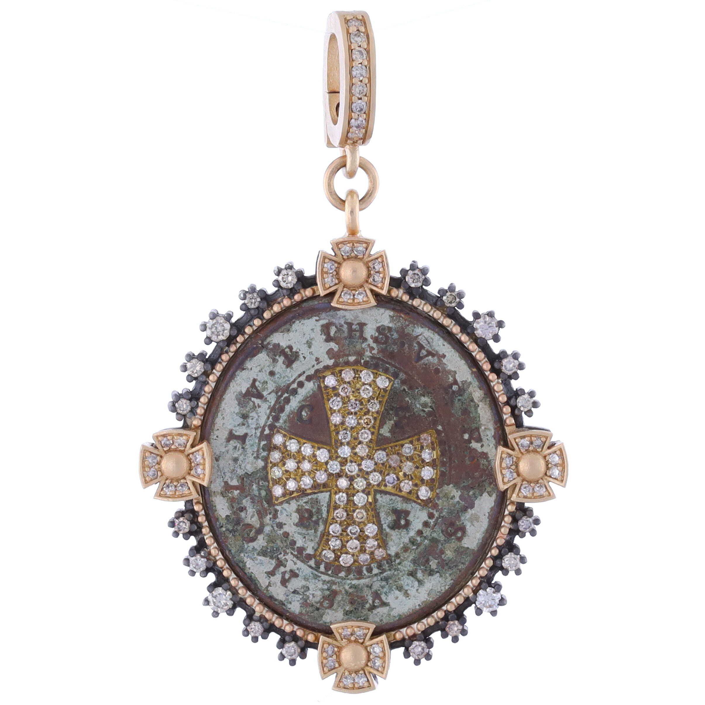 Antique Bronze Spanish St Benedict Medal Pendant with 14K Yellow Gold and Black Rhodium Silver and Diamond Bezel