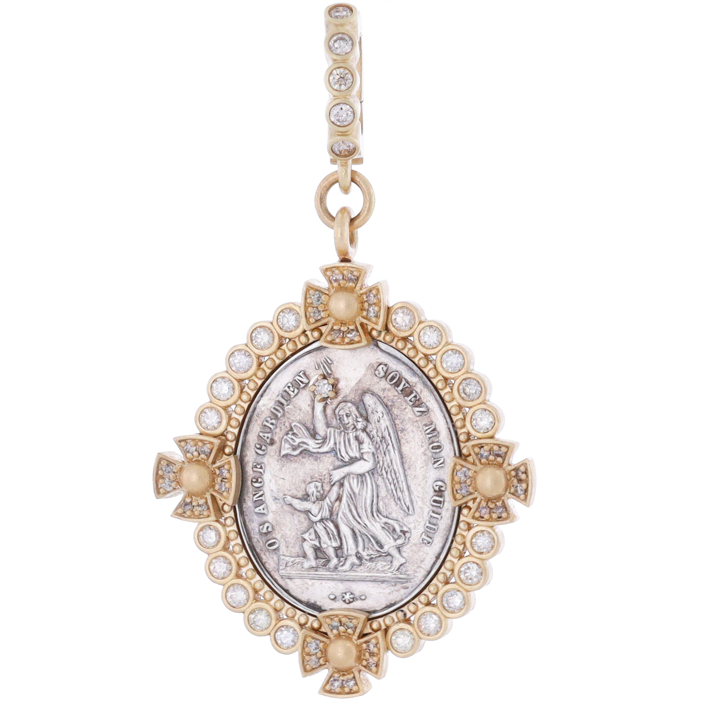 Antique Sterling French Guardian Angel Medal Pendant