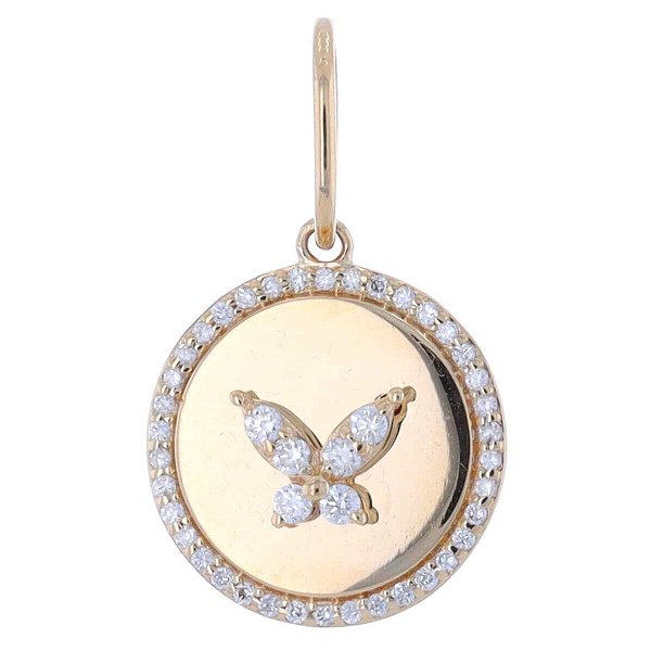Closeup photo of 14K Yellow Gold Circle Disk Pendant with Diamond Bezel and Diamond Butterfly Decal