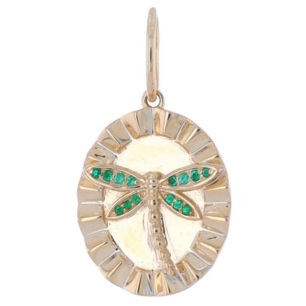 Closeup photo of Emerald Dragonfly Ribbed Disk Charm Pendant
