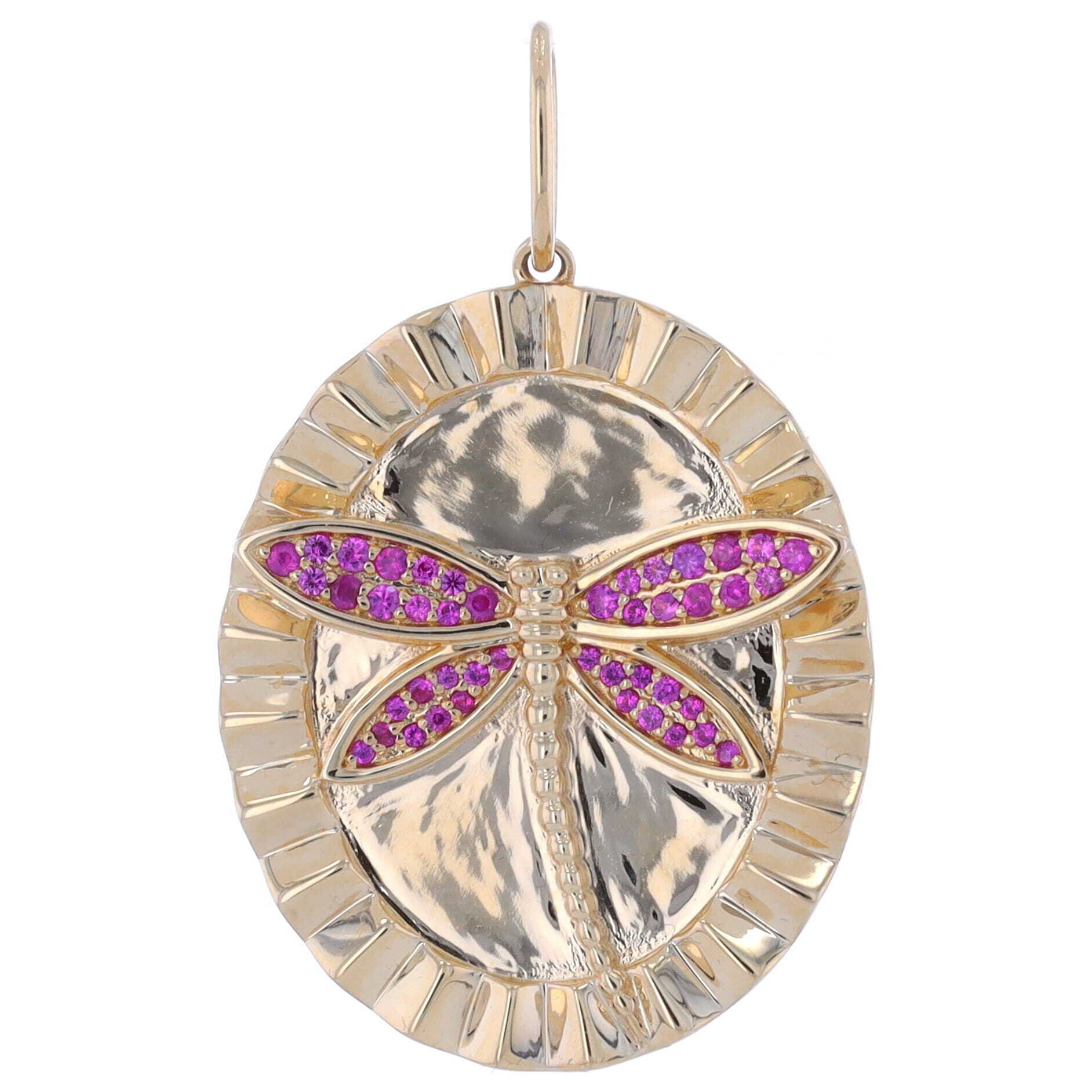 14K Yellow Gold Oval Disk Pendant Charm with Pink Sapphire Dragonfly