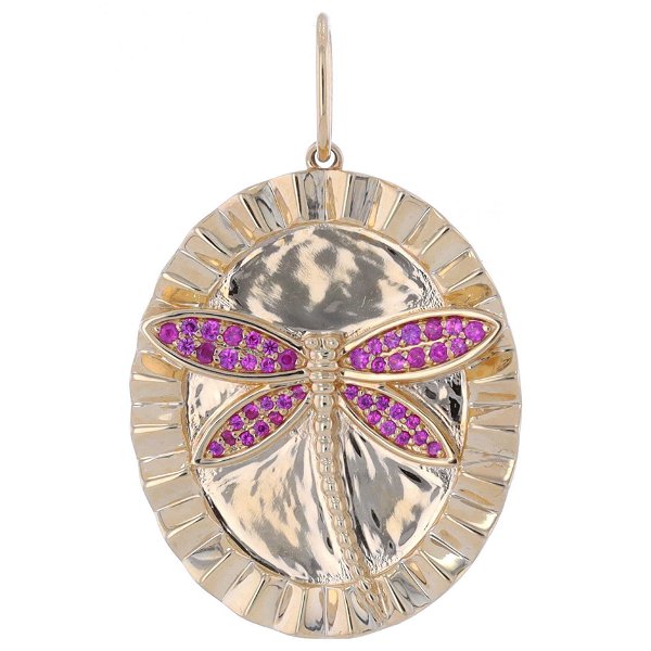 Closeup photo of 14K Yellow Gold Oval Disk Pendant Charm with Pink Sapphire Dragonfly