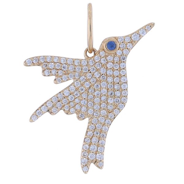 Closeup photo of 14k yellow Gold Pave Diamond Swallow Charm Pendant with Sapphire Eye