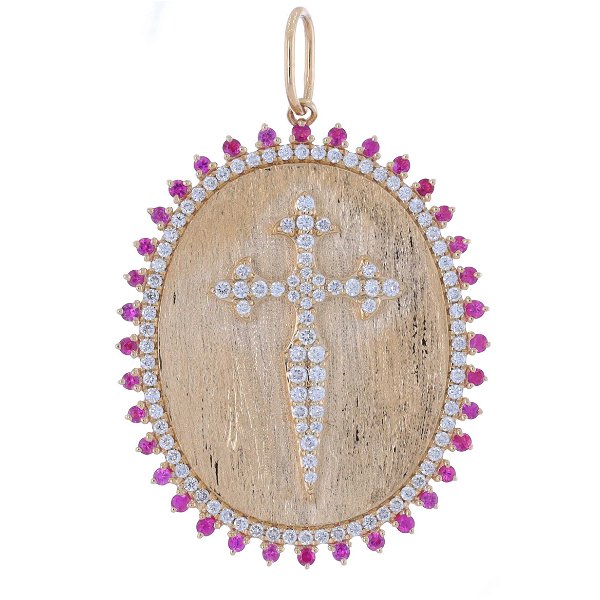 Closeup photo of 14k Oval Textured Pendant Charm with Pink Sapphire and Diamond Bezel and Diamond Cross Decal