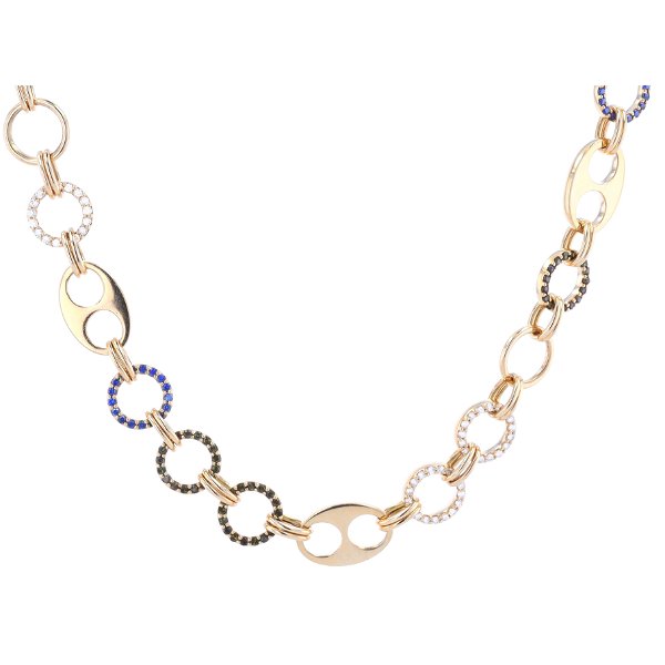Closeup photo of 16" Gold Rings Necklace in Solid 14k Yellow Gold with Pave Diamonds, Blue Sapphires and Green tourmalines Rings
