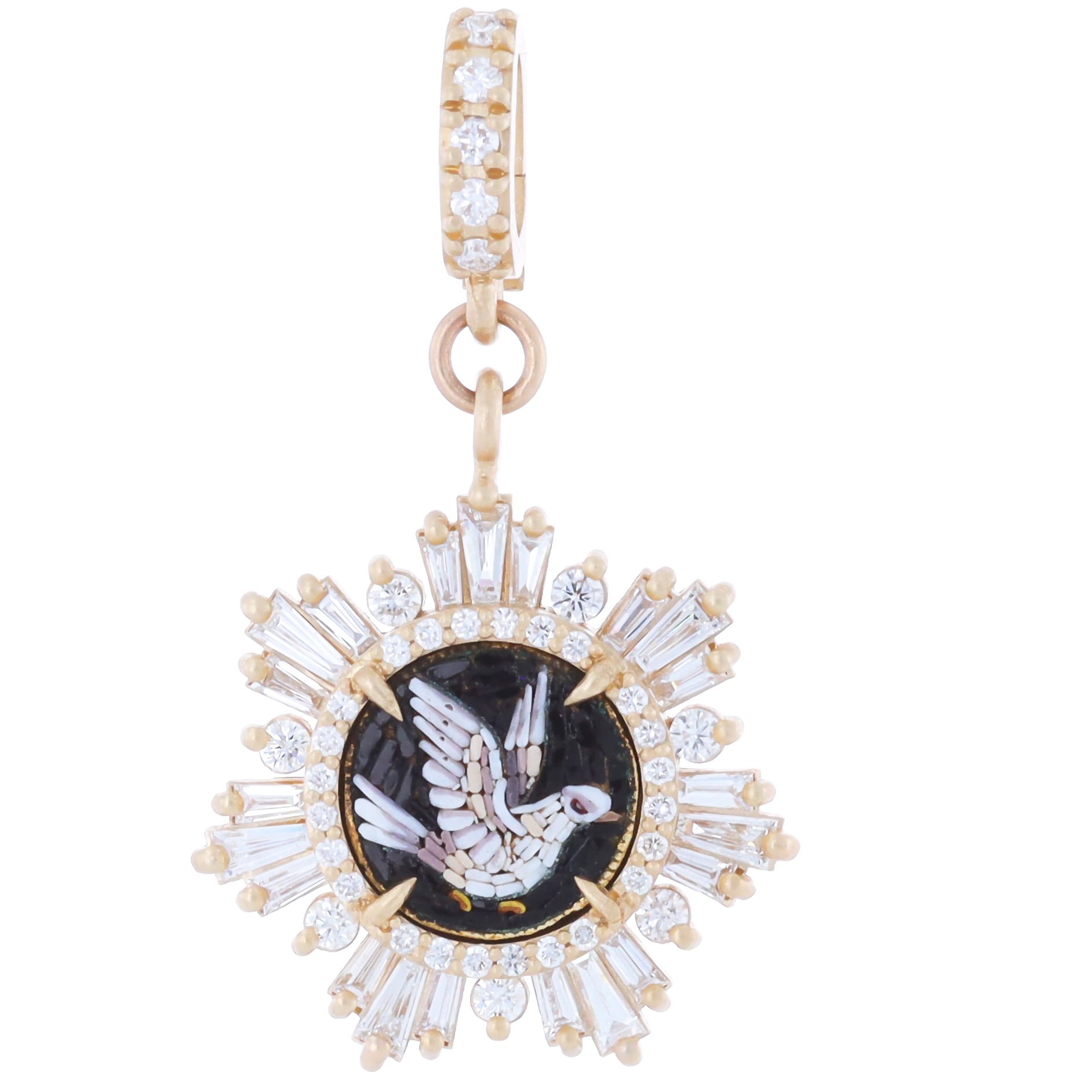 Antique Dove Italian Micro Mosaic Pendant Surrounded by Baguette and Brilliant Cut Diamonds set in 14k Yellow Gold