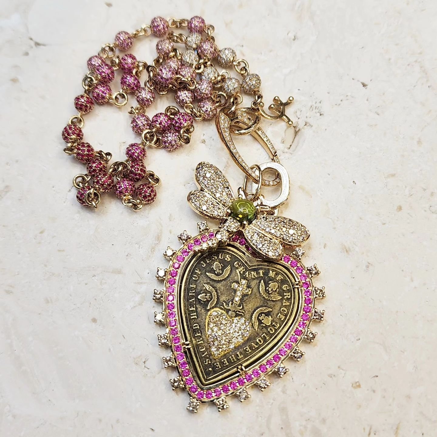 Spanish Antique Bronze Sacred Heart Medal Pendant with 14k Yellow Gold, Pink Sapphire and Diamond Bezel