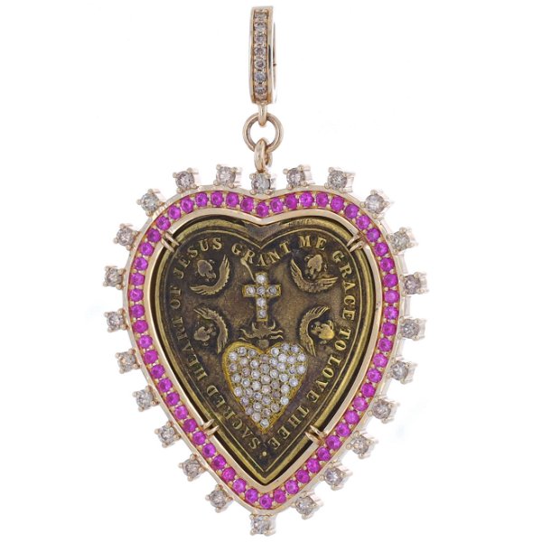 Closeup photo of Spanish Antique Bronze Sacred Heart Medal Pendant with 14k Yellow Gold, Pink Sapphire and Diamond Bezel