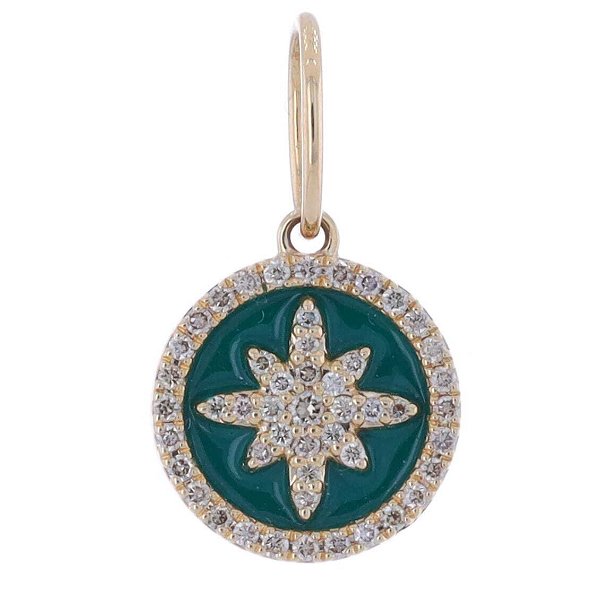 Closeup photo of 14K Yellow Gold Forest Green Enamel Disk Pendant Charm with Diamond Pave Star
